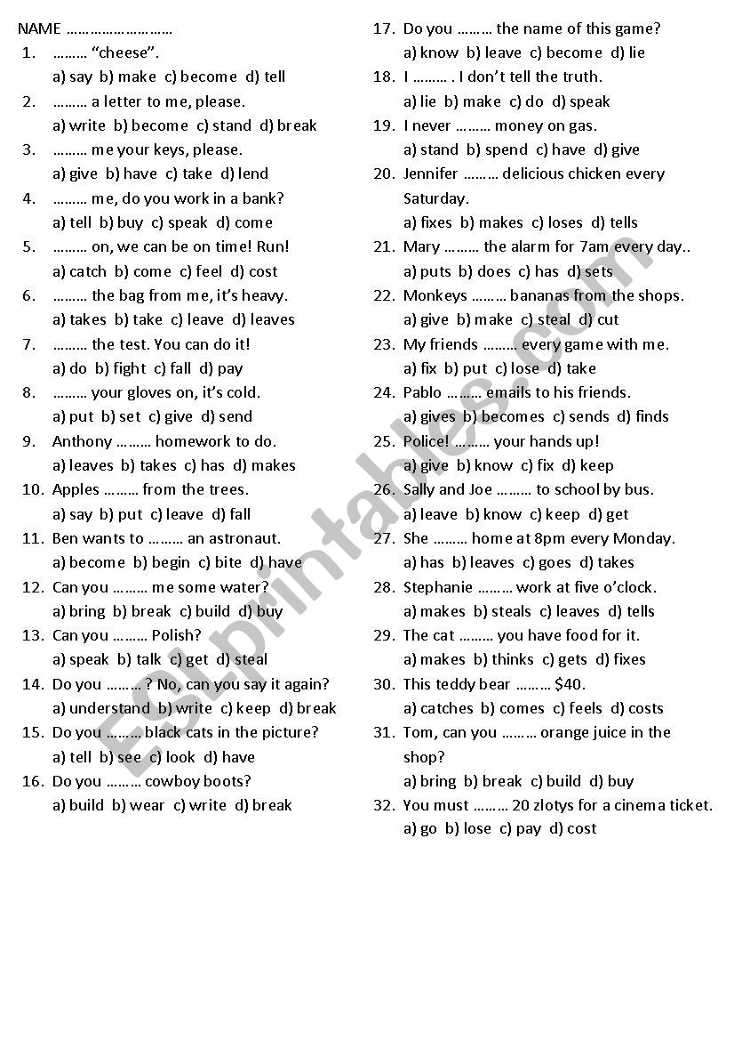 Verbs test worksheet