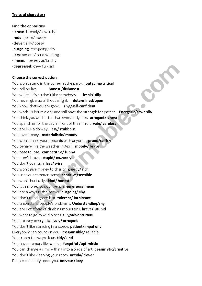 PERSONALITY worksheet