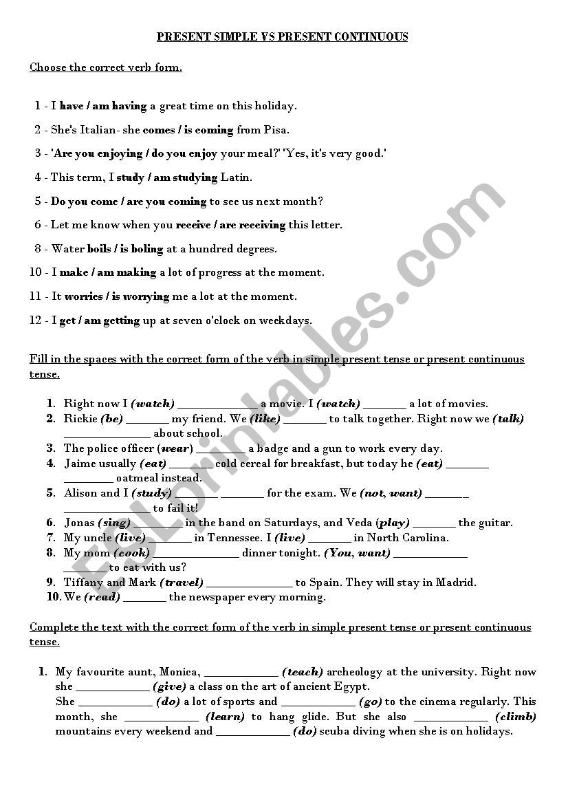 Present simple and continuous worksheet