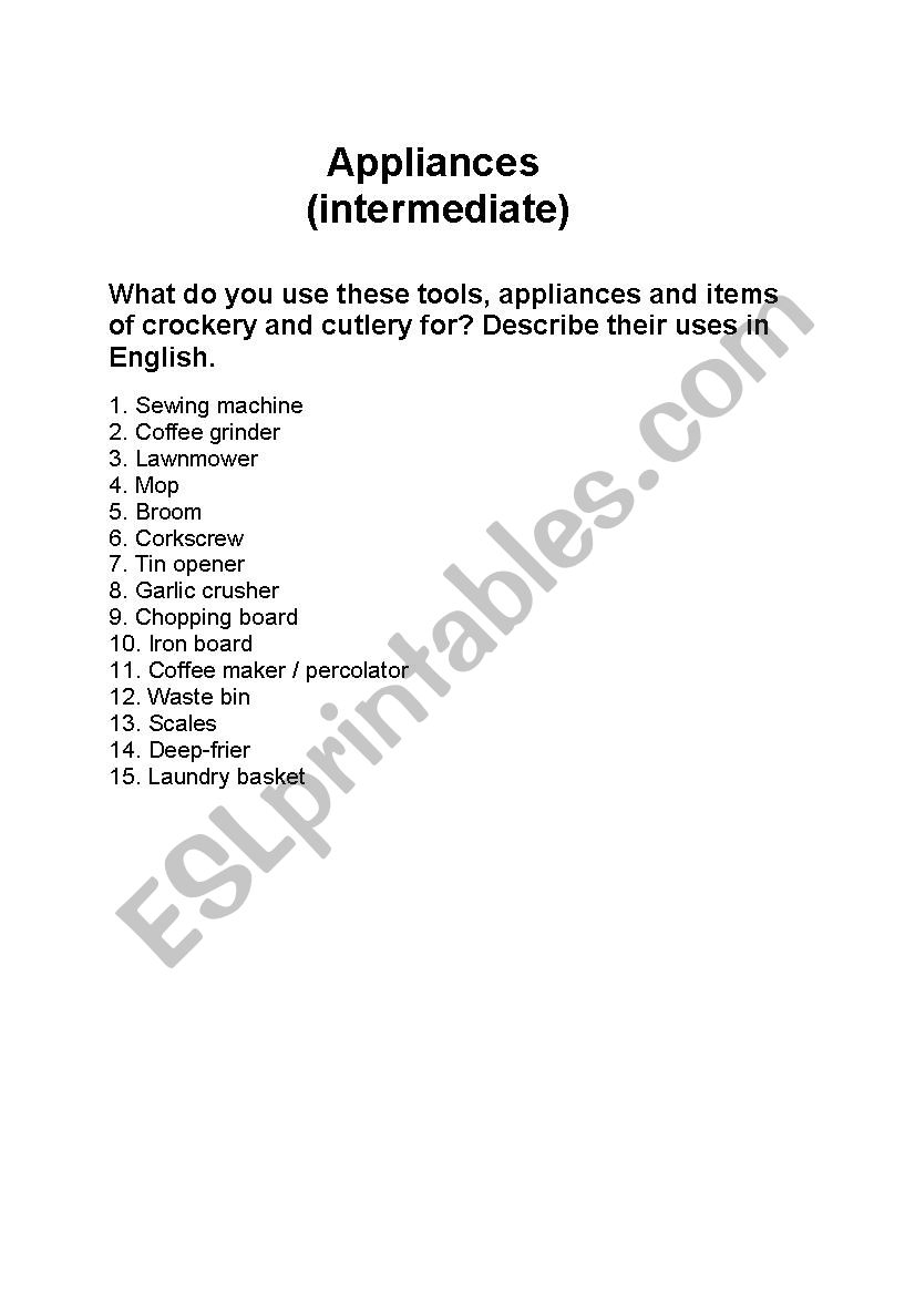 Appliances worksheet