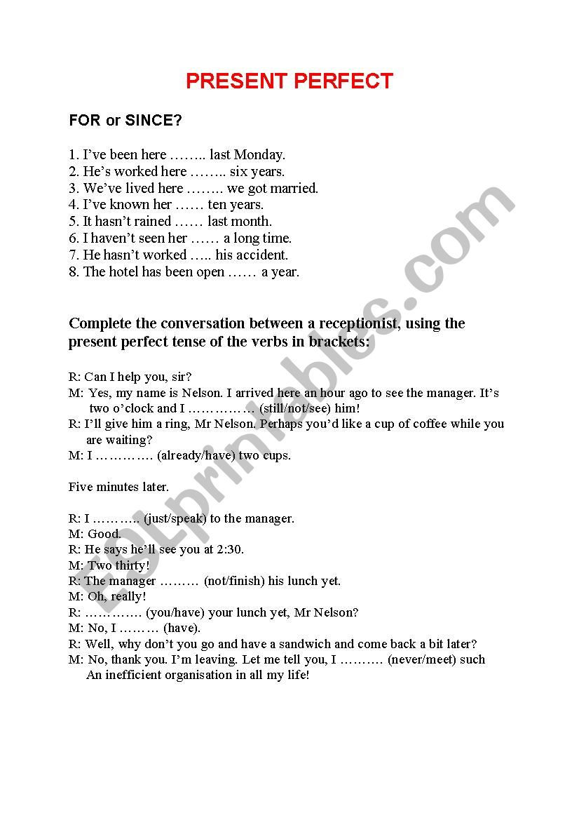 Present Perfect Worksheet worksheet