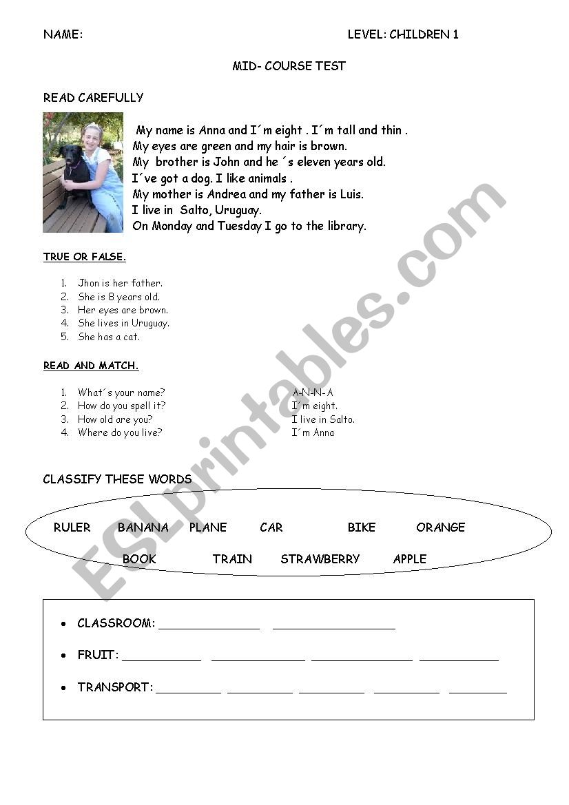 test for Children 1 worksheet