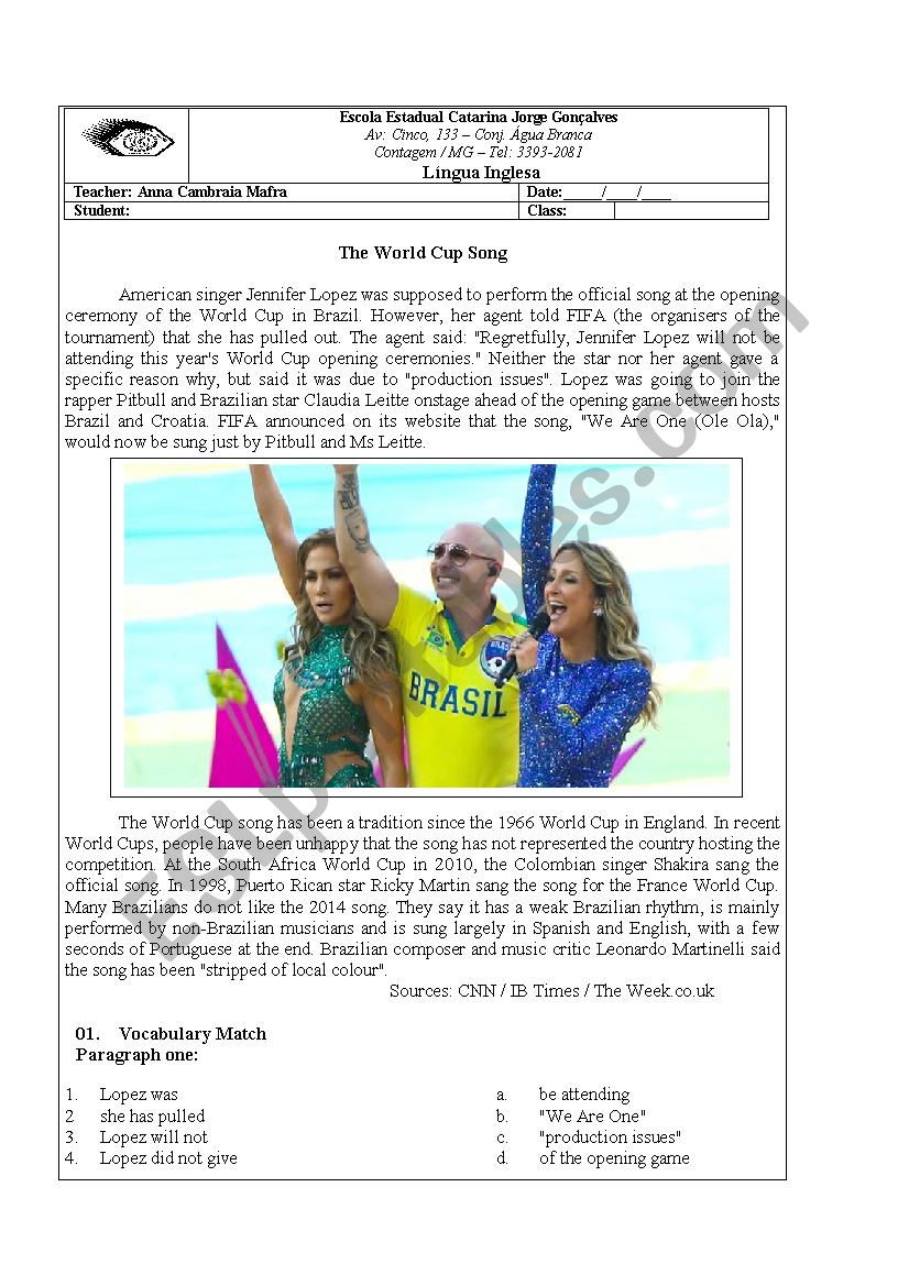 The world cup song worksheet