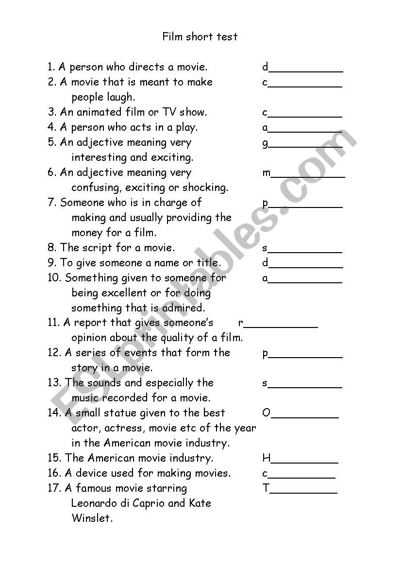 Film short test worksheet