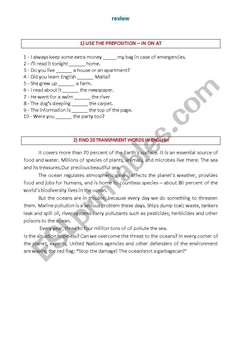 REVIEW PREPOSITION worksheet