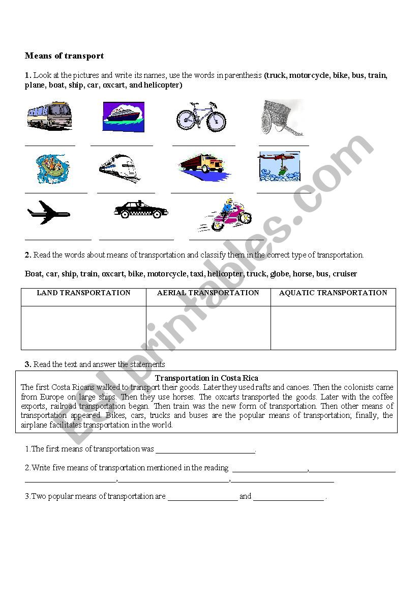 Means of transport worksheet