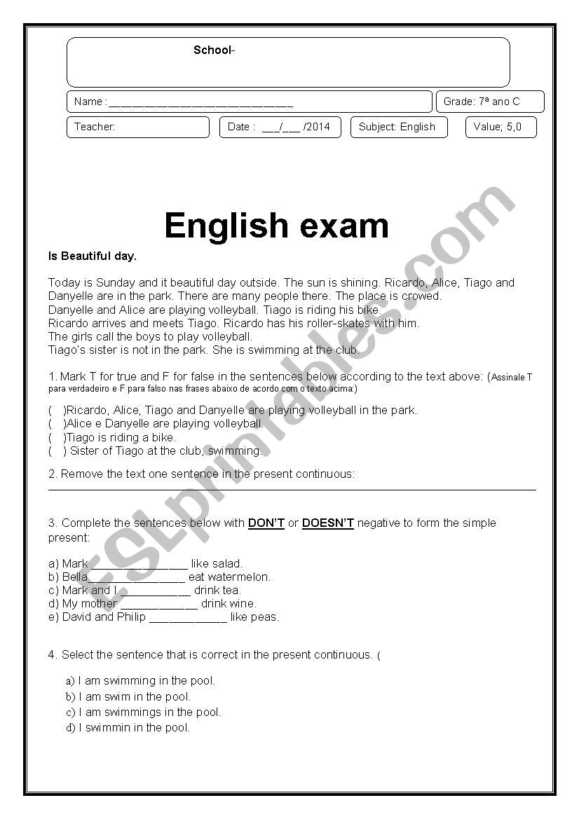 english exam worksheet