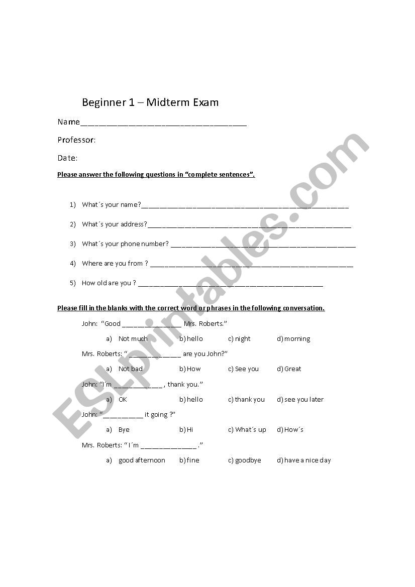 Beginner 1 Exam worksheet