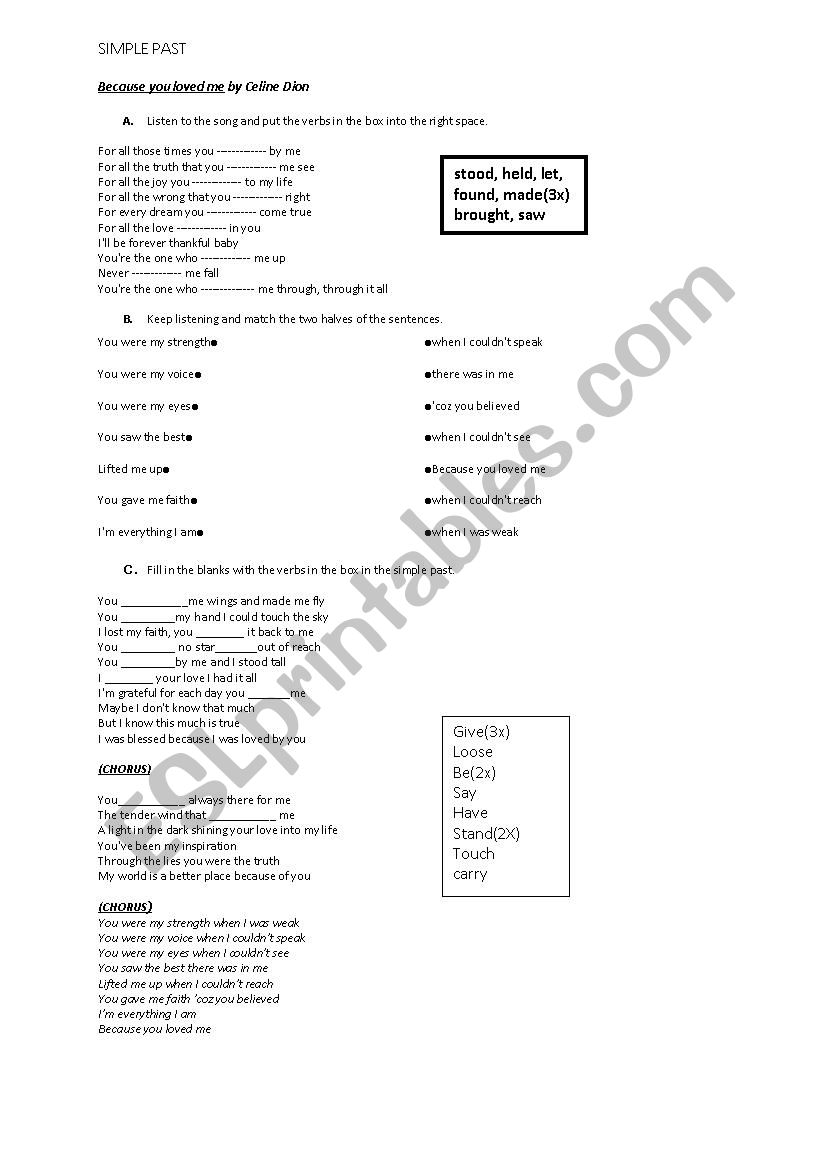 Song based worksheet to learn the simple past