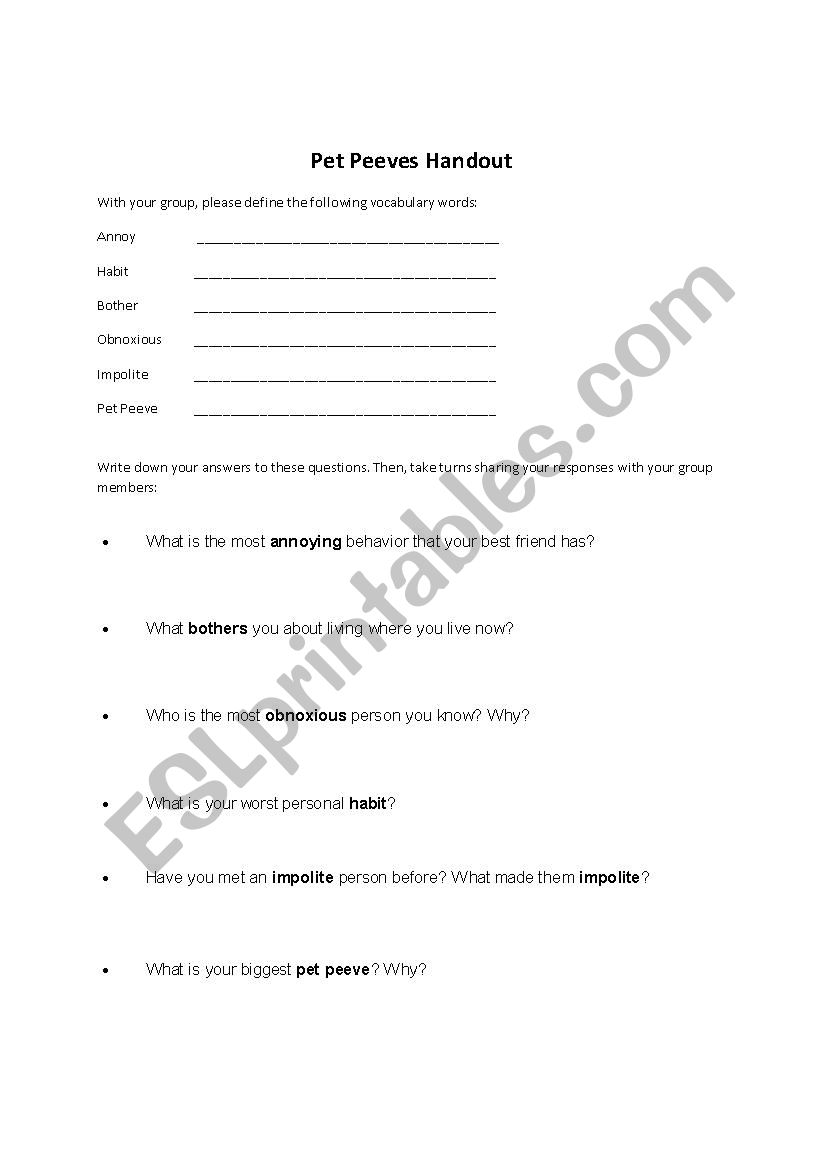 Pet Peeves Handout worksheet