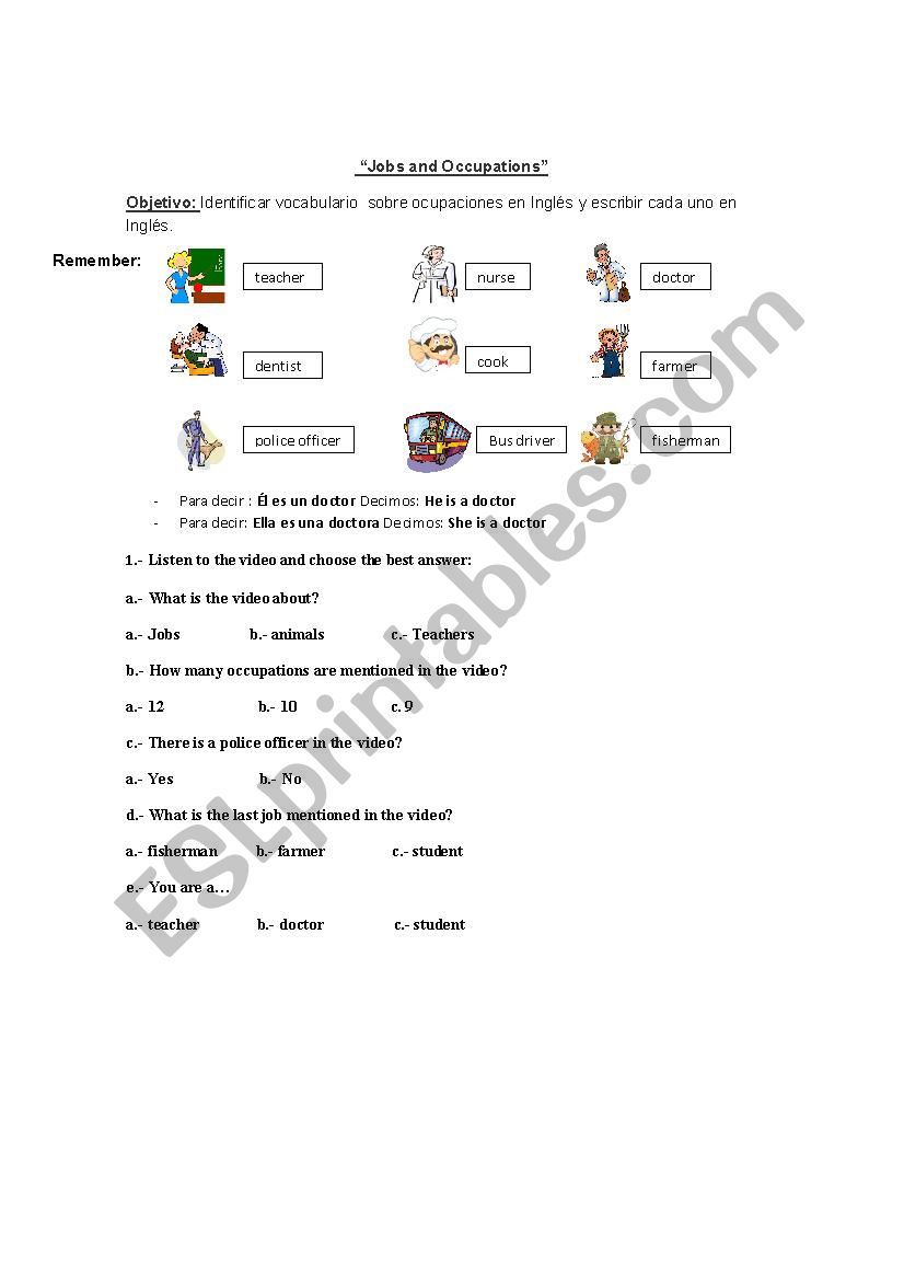 occupations worksheet