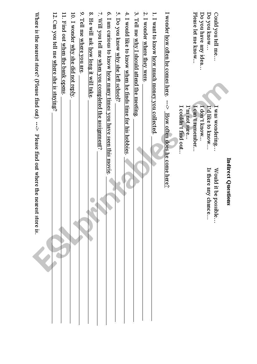 Indirect Questions worksheet