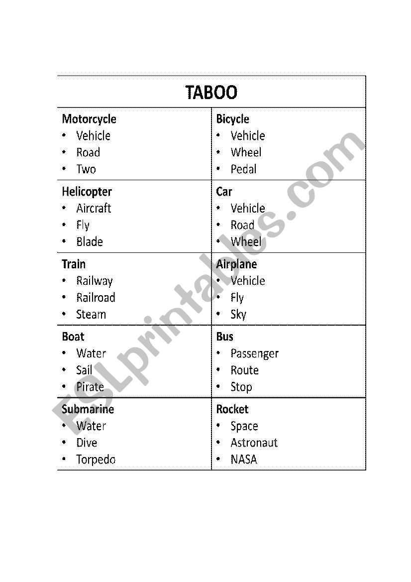 TABOO MEANS OF TRANSPORT worksheet