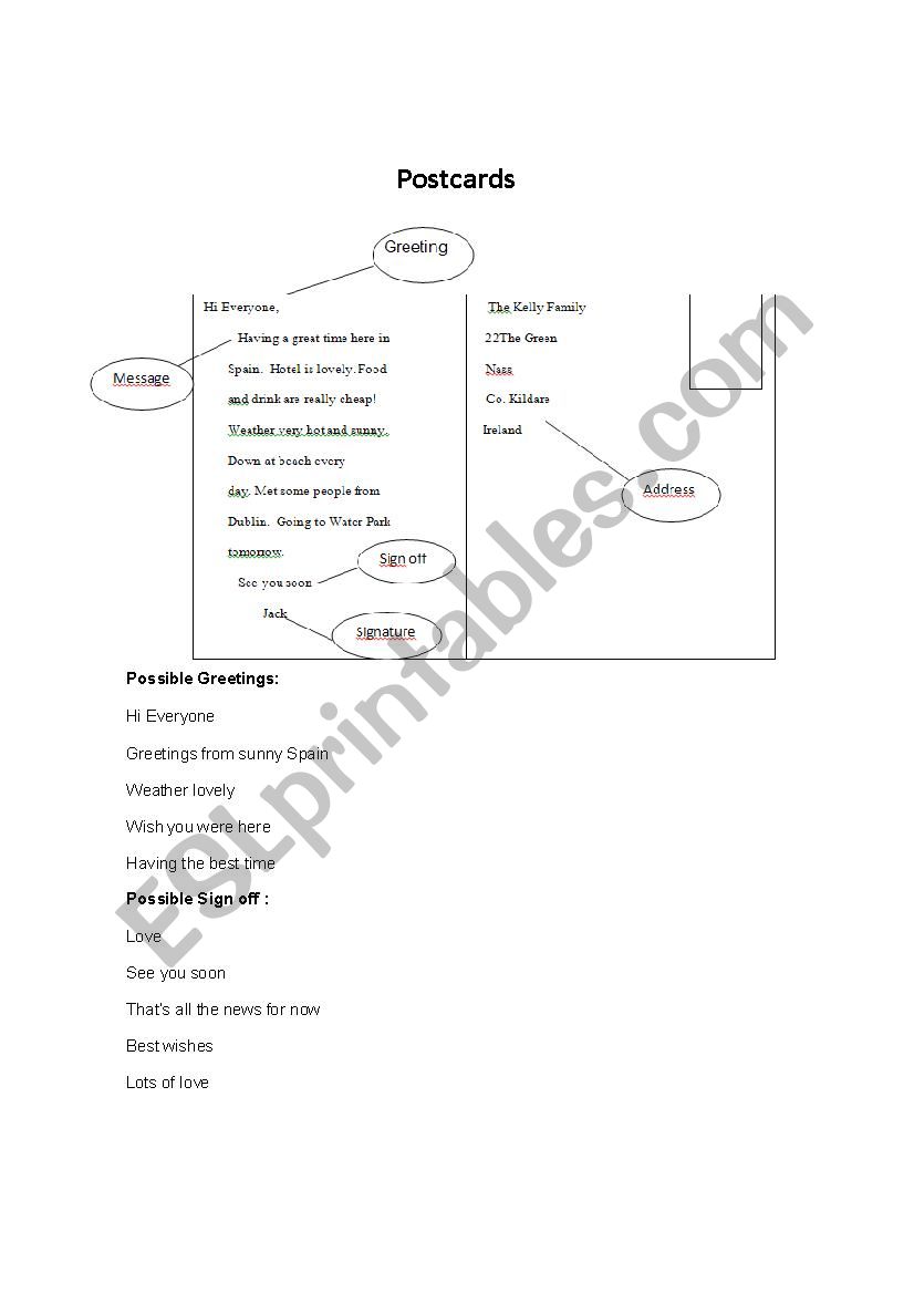 writing postcards worksheet