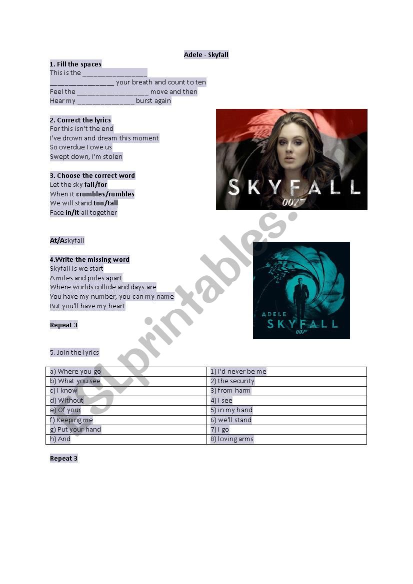 Song worksheet Adele Skyfall worksheet