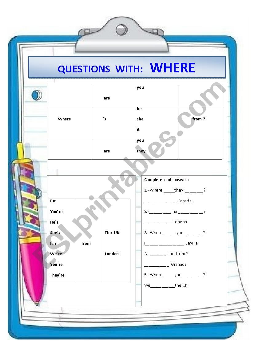 QUESTIONS  WITH   WHERE worksheet