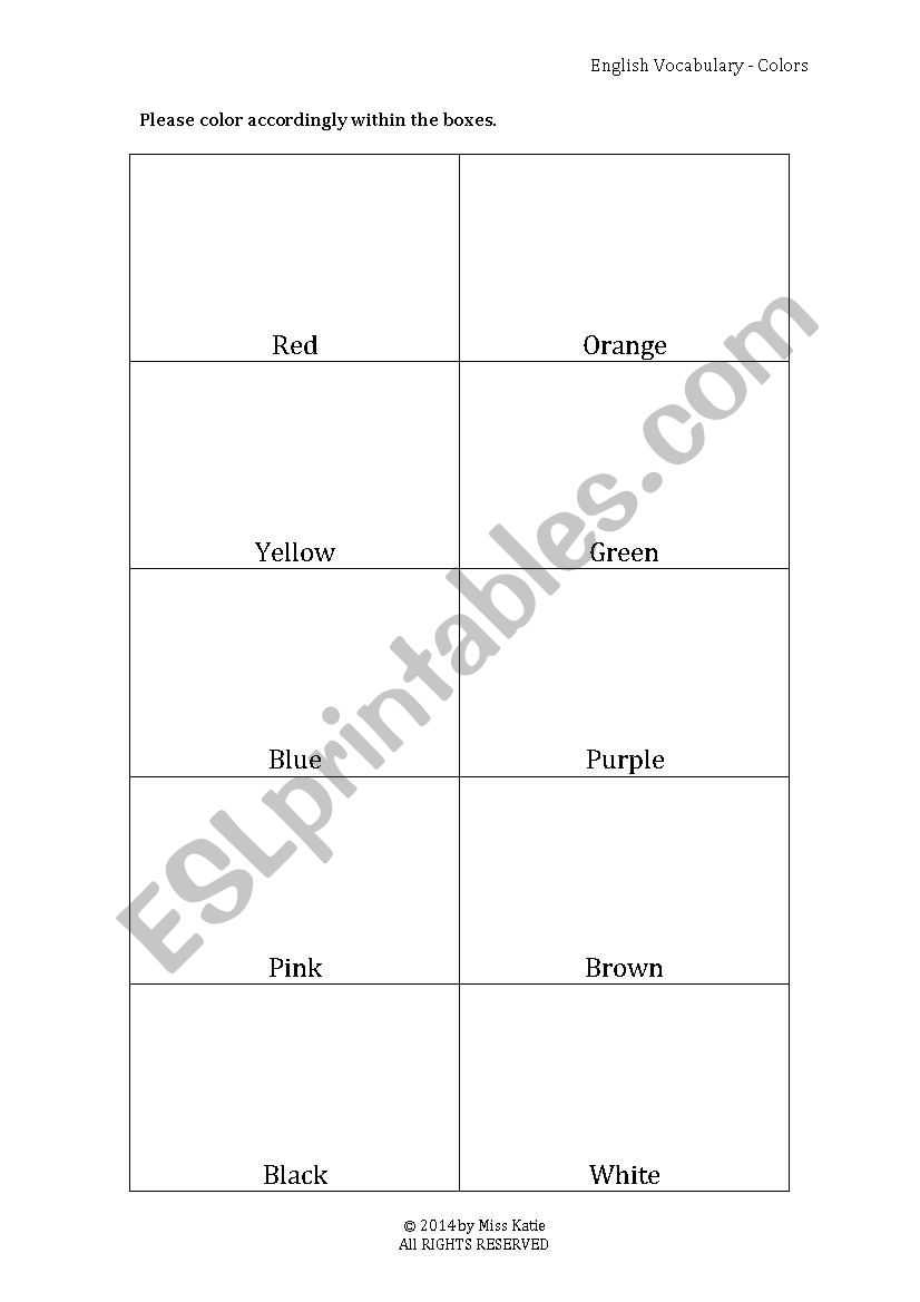 English Vocabulary - Colours worksheet