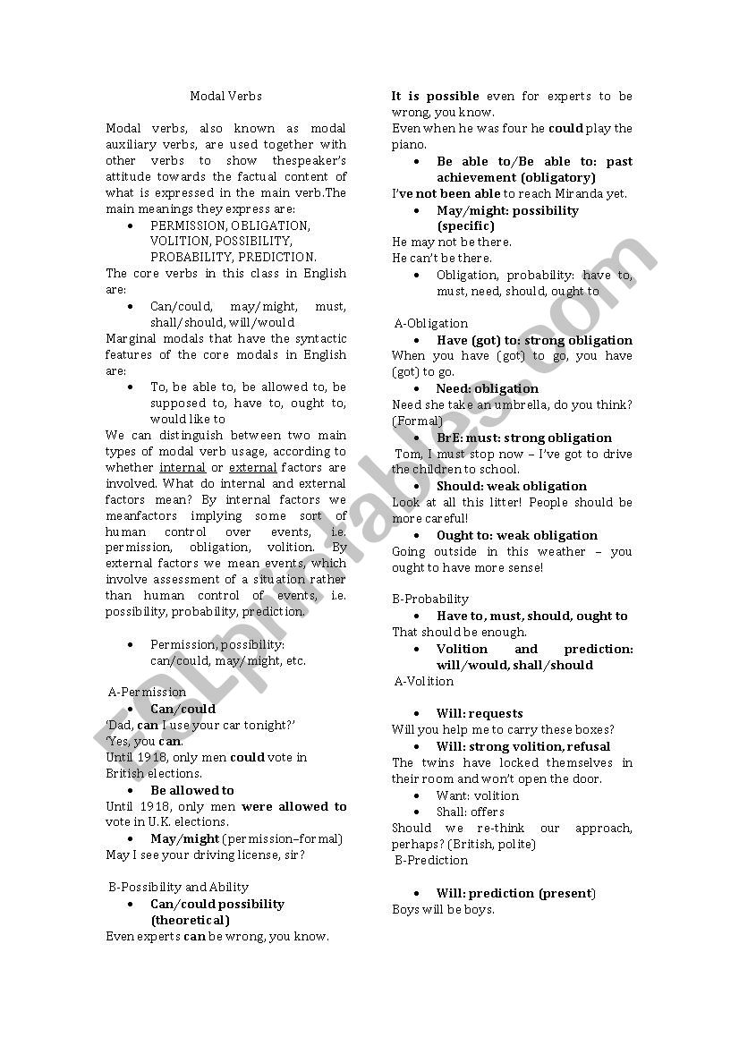 Modal Verbs Handout worksheet