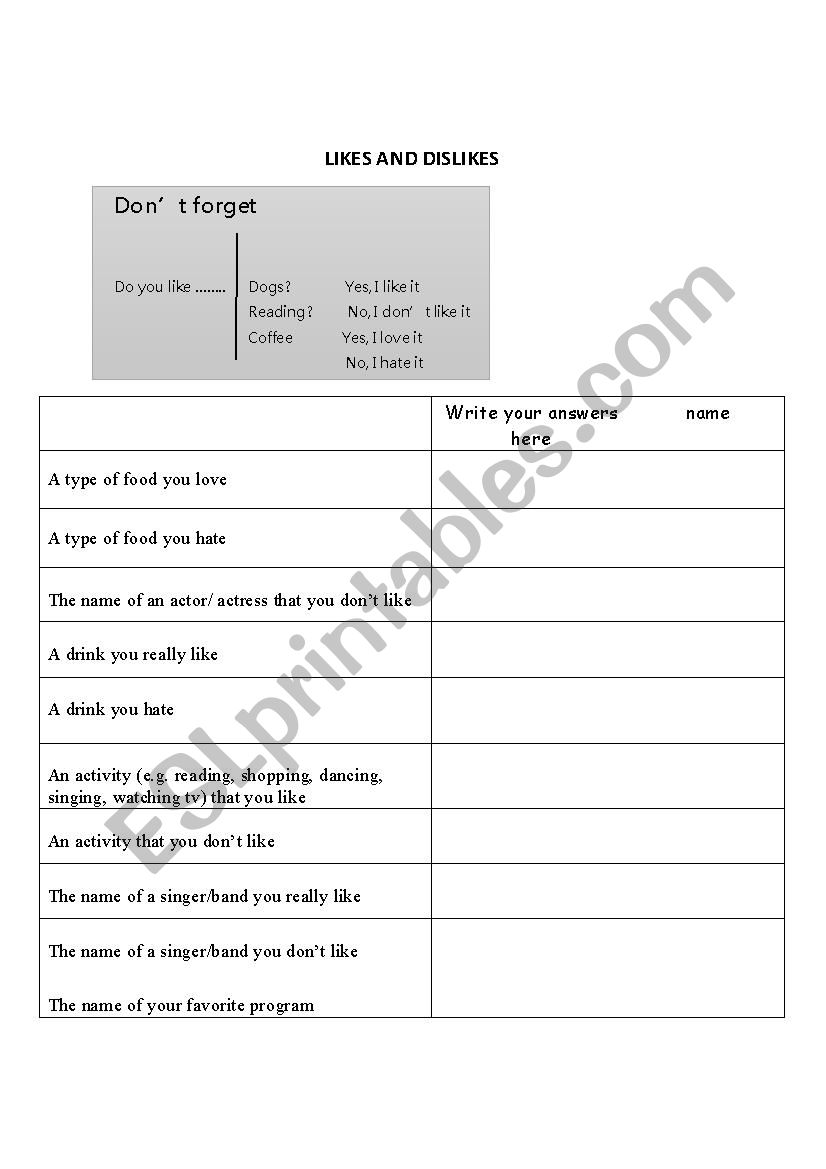 Likes and dislikes worksheet