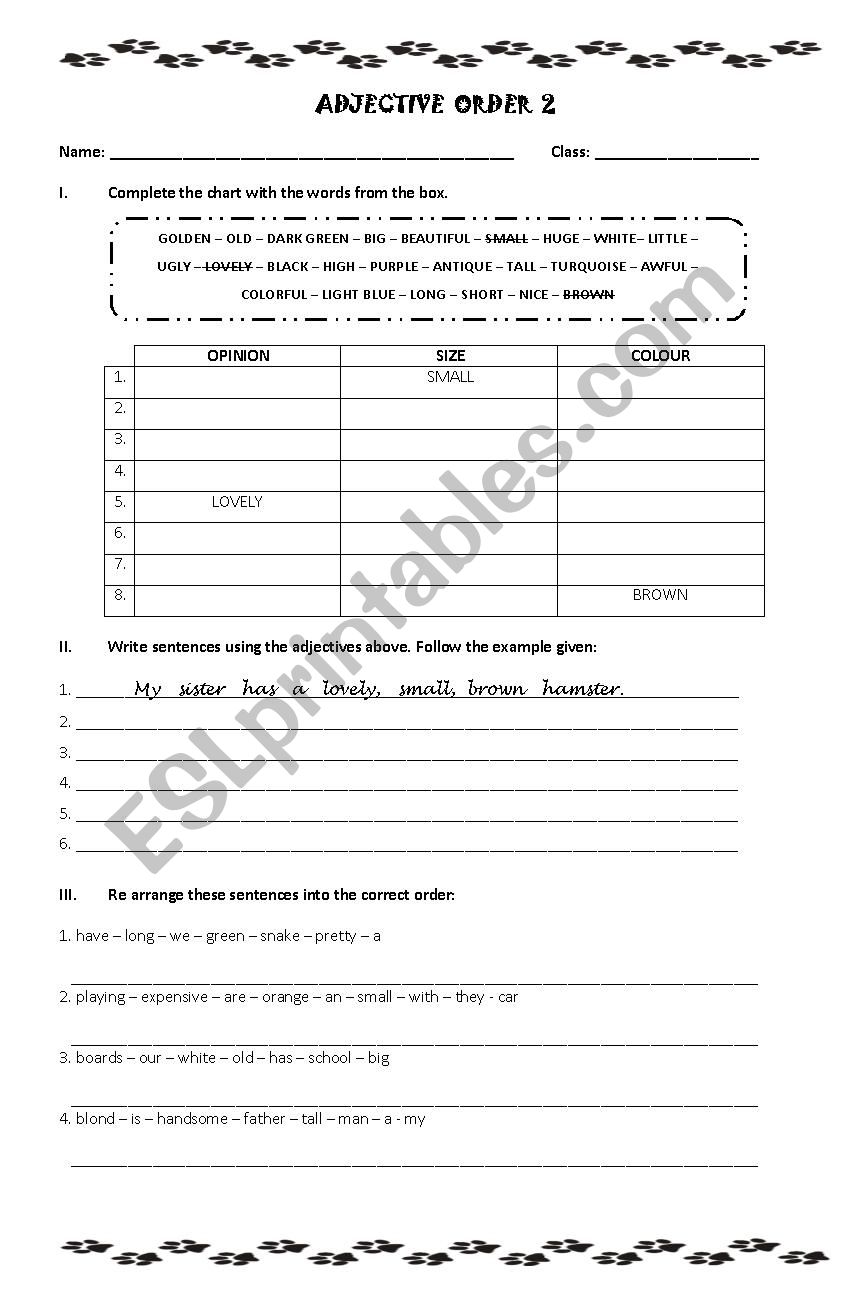 Adjective Order worksheet