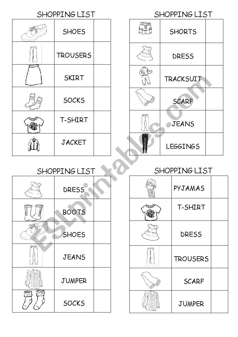 Clothes Shopping List - ESL worksheet by an43