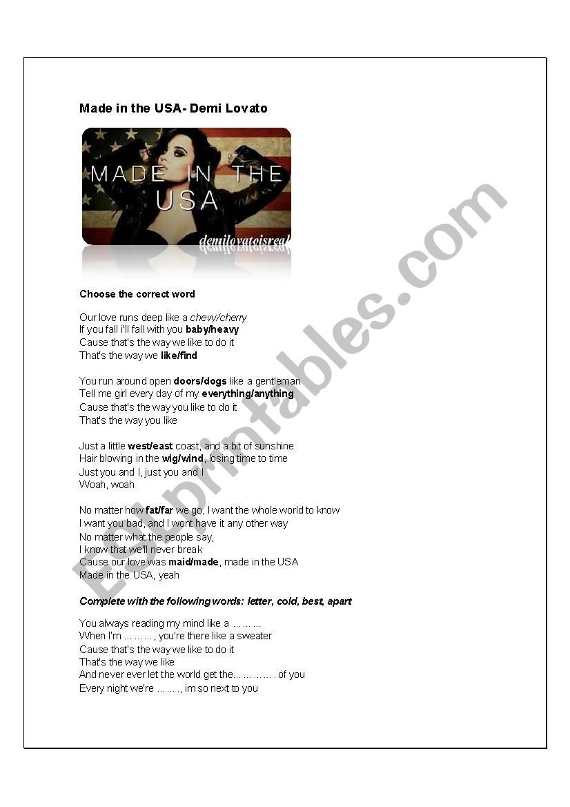 Made in the USA - Demi Lovato worksheet