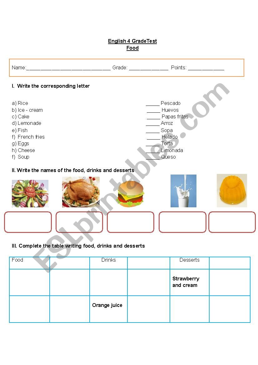 English Test Food and drinks worksheet