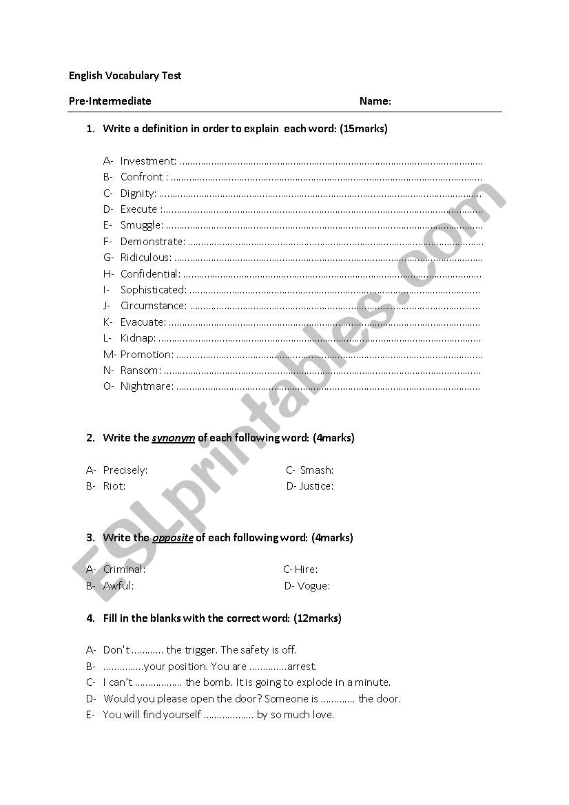 vocabulary test  worksheet