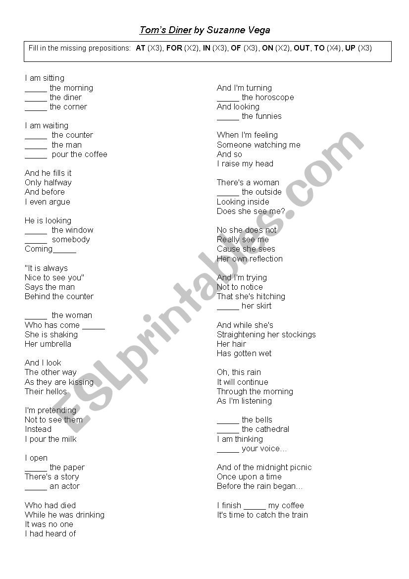 Tom´s Diner - ESL worksheet by shmis