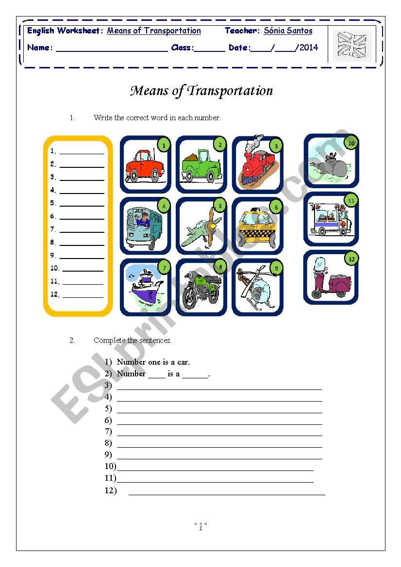 Means of Transportation worksheet