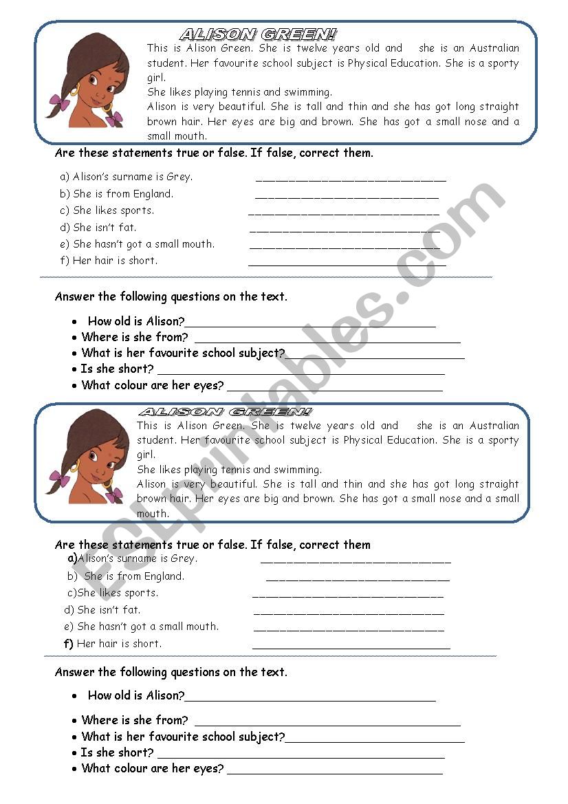 alison  worksheet