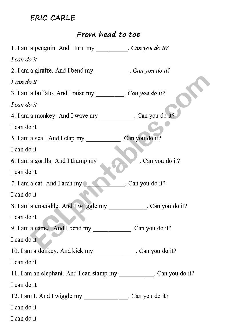 fron head to toe worksheet