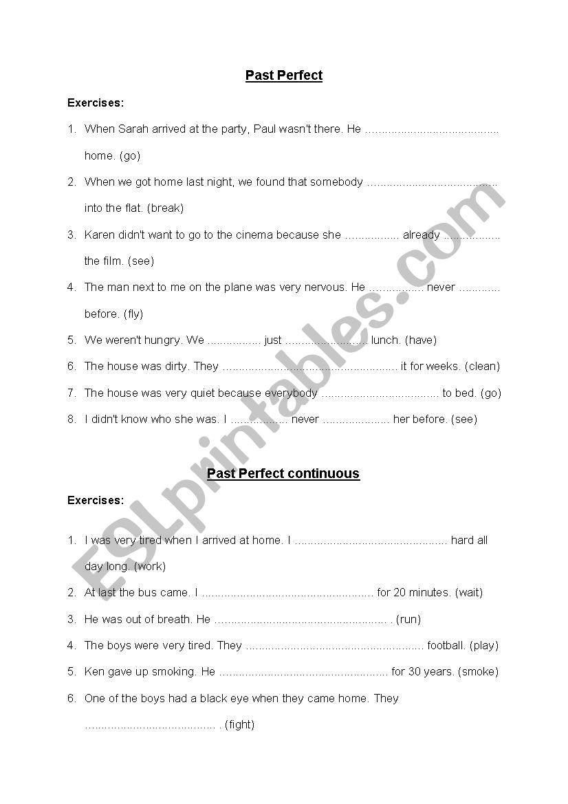 Past Perfect & Past Perfect Continuous - examples - ESL worksheet by ...