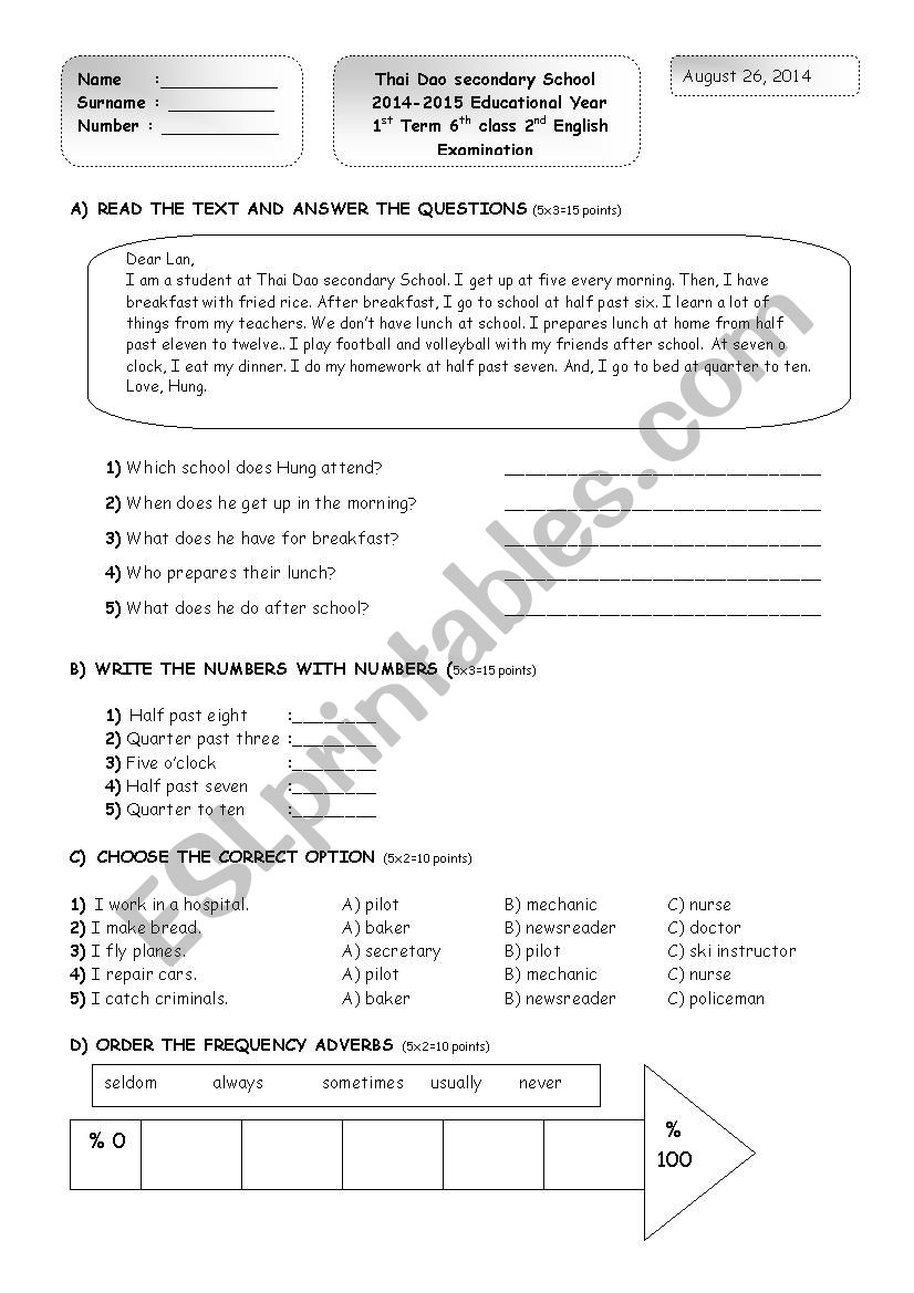 1st term 6th test worksheet