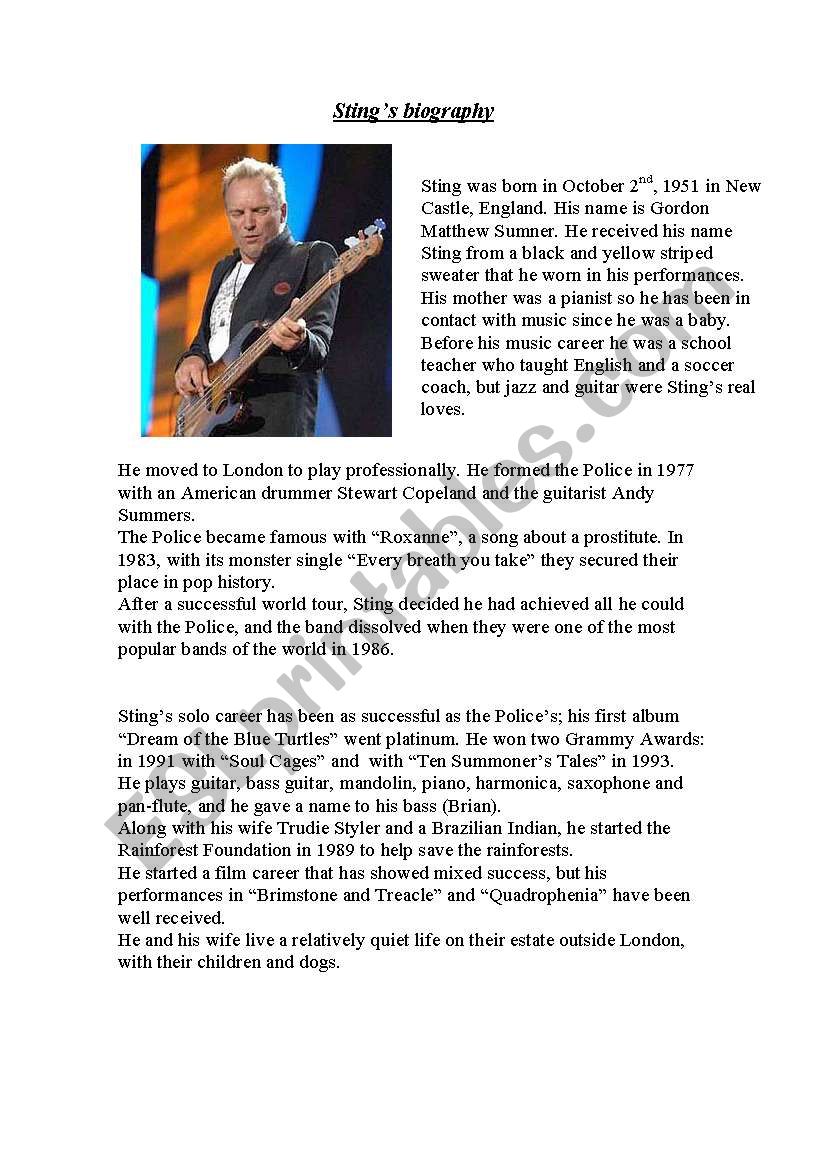 Sting´s biography with a reading comprehension - ESL worksheet by JOSE ZUBI