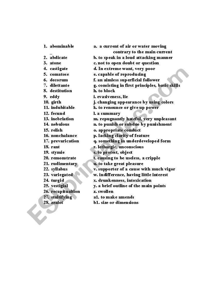 Vocab Exam 1 Advanced worksheet