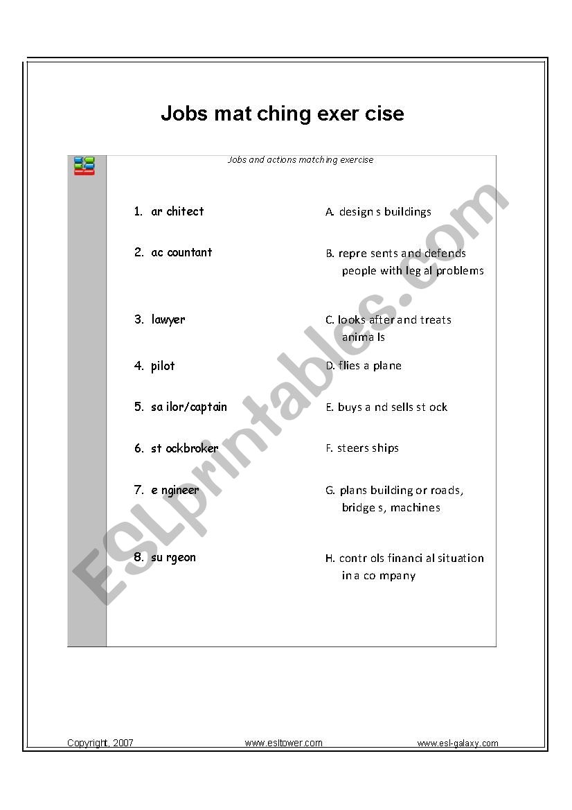 Jobs matching exercise worksheet