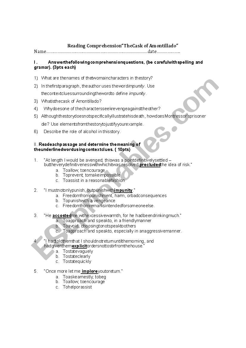 CASK OF AMONTILLADO TEST ESL worksheet by rabbitenglish