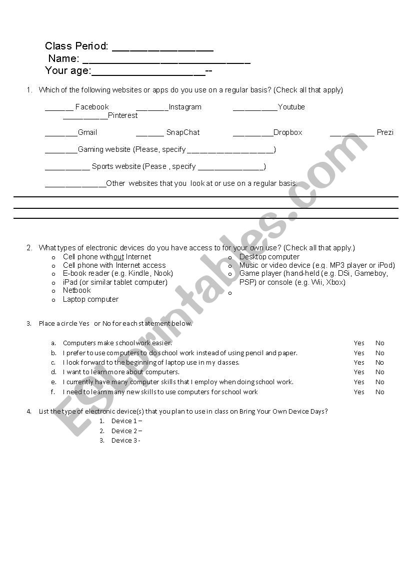 Tech Survey worksheet