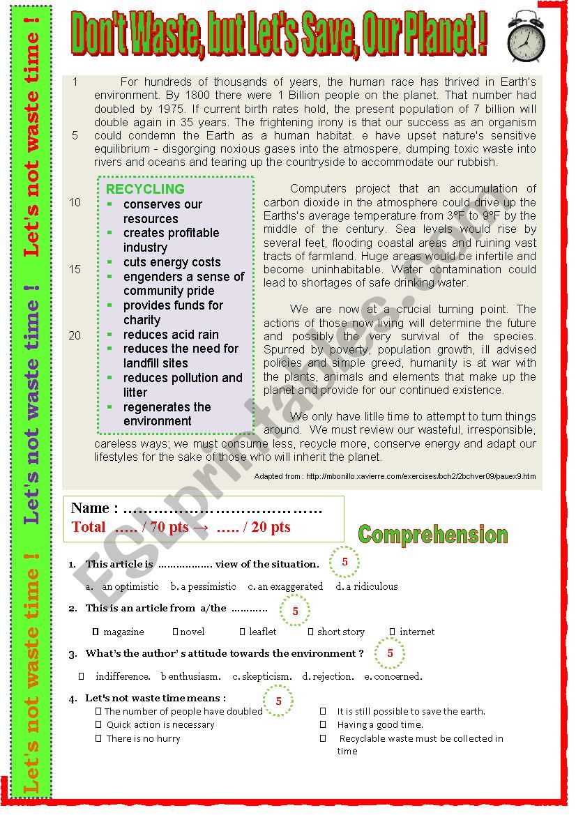 Don T Waste Your Planet Away Reading Comprehension Questions Key Esl Worksheet By Karagozian