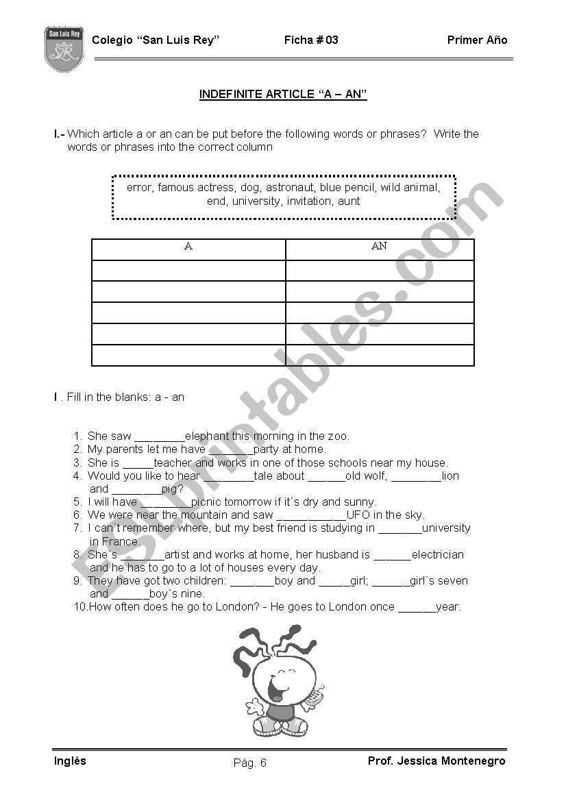 ARTICLES: A - AN worksheet