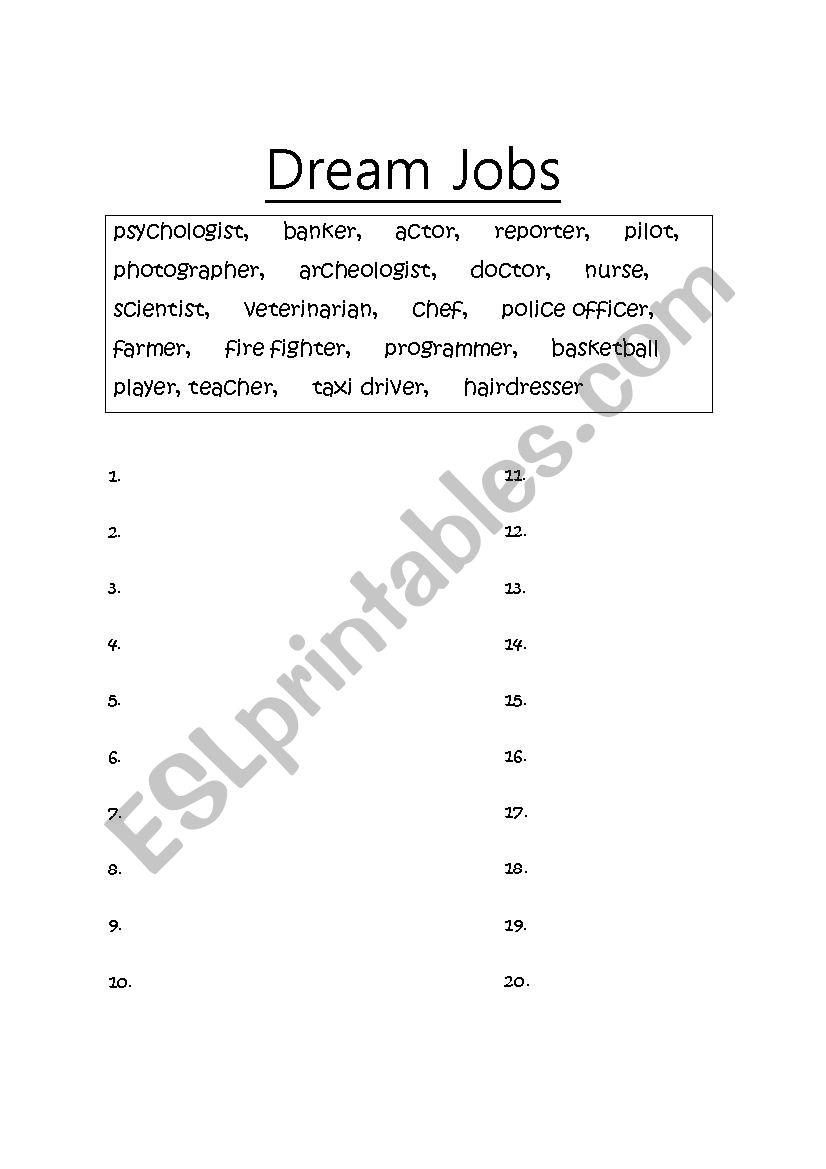 dream jobs worksheet