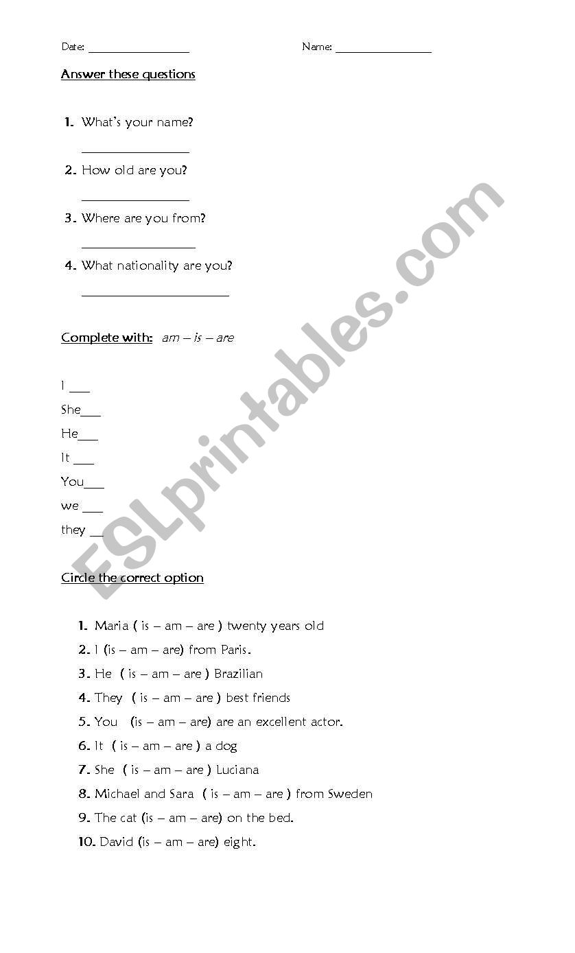 verb to be worksheet