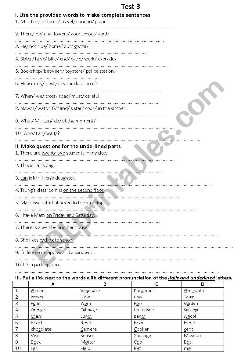 Test 3 - revision worksheet