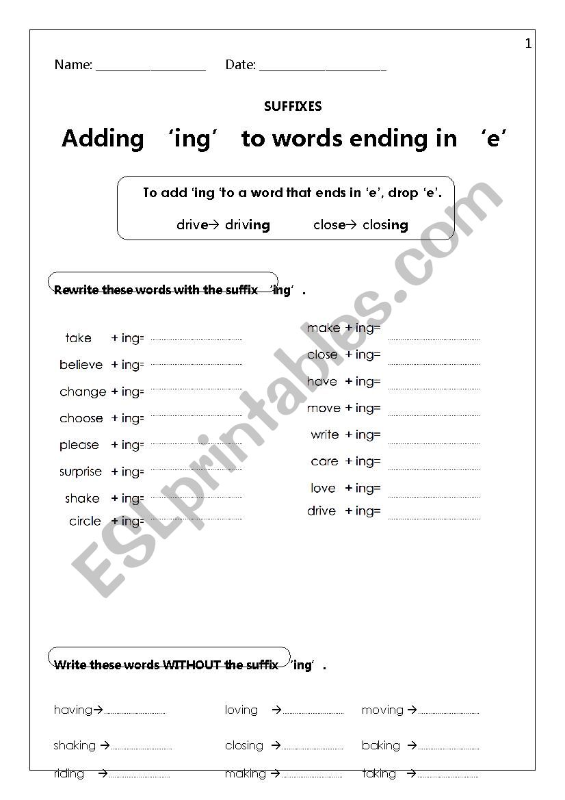 Adding Ing To Words Ending In E Worksheets
