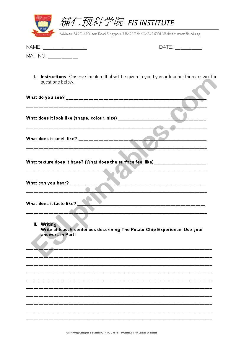 Writing Using the 5 Senses worksheet