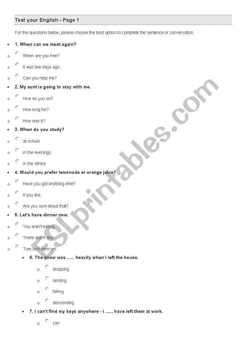 test your english worksheet