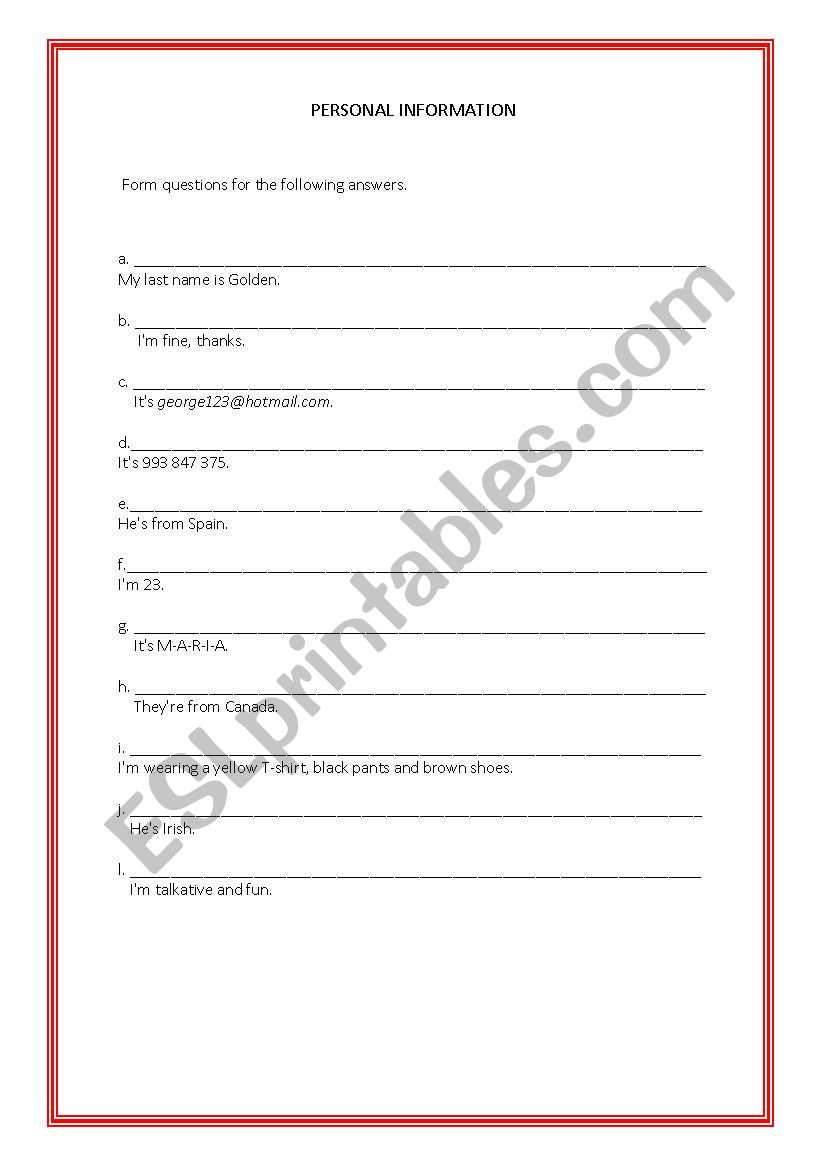 Form Questions worksheet