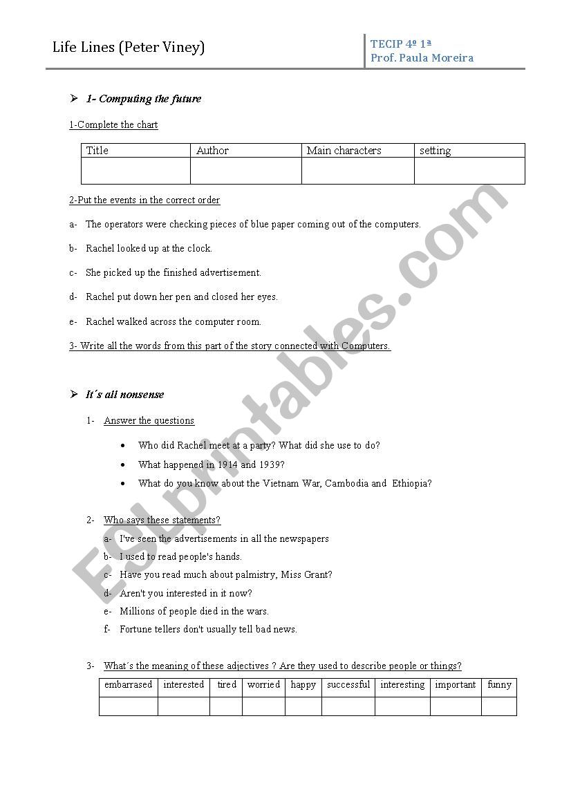 Life Lines worksheet