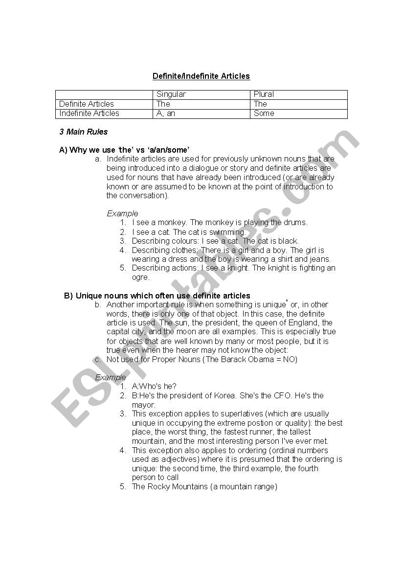 Indefinite and Definite Articles